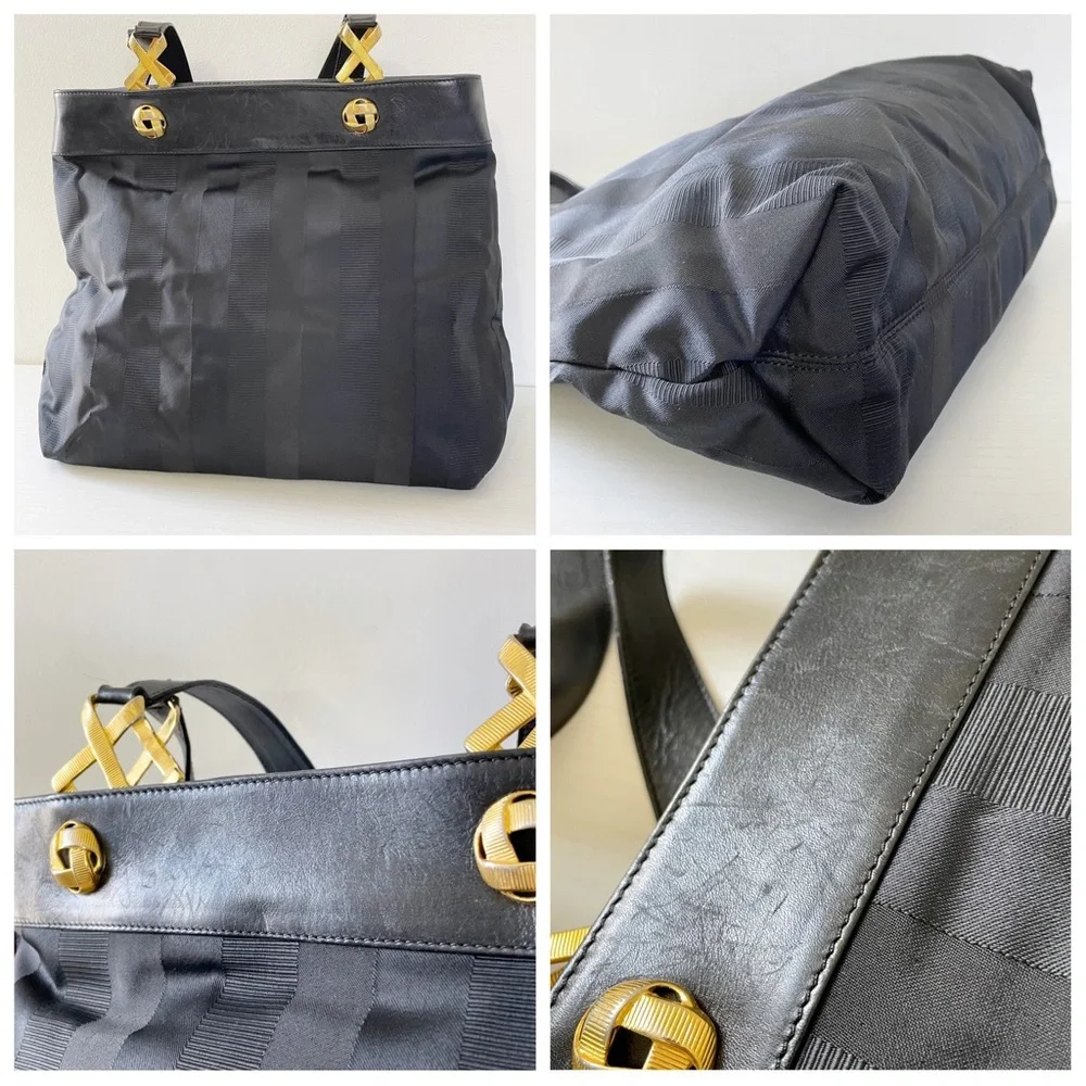 Salvatore Ferragamo black striped canvas and leather vintage shoulder bag - Picture 3 of 11